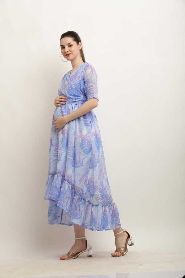 Ocean Blue Tropical Hi-Low Frill Maternity & Nursing Wrap Dress MOMZJOY.COM
