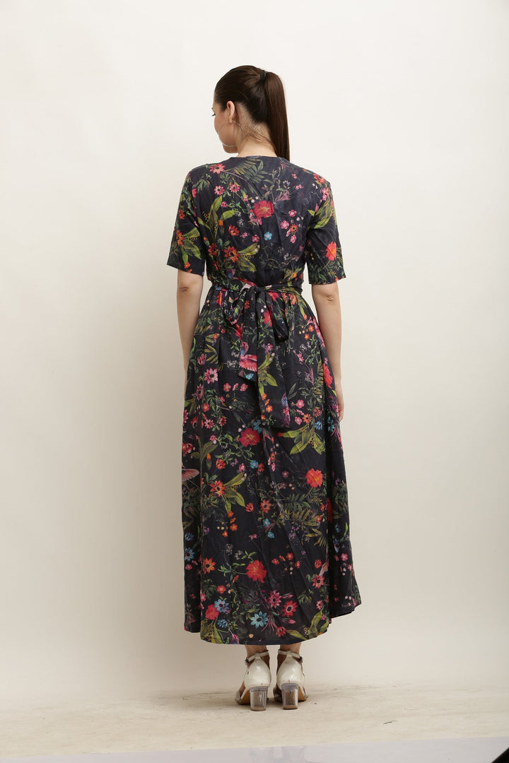 Coal Bundle Of Blooming Fowl Maternity Layered Knot Dress momzjoy.com