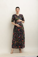 Coal Bundle Of Blooming Fowl Maternity Layered Knot Dress momzjoy.com