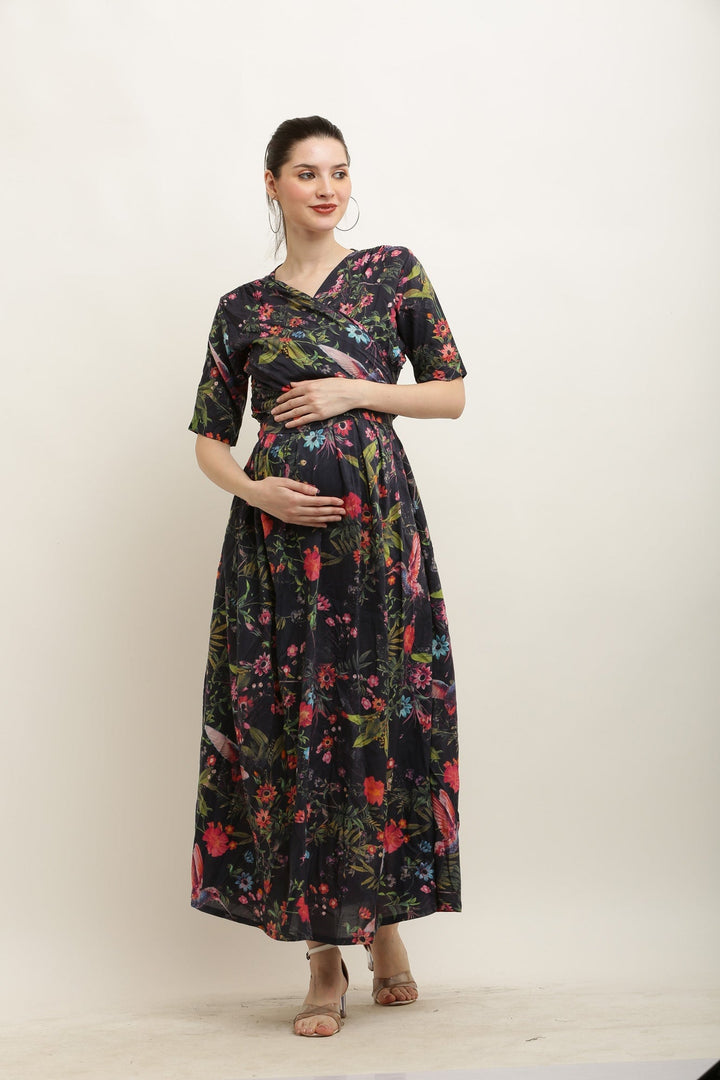 Coal Bundle Of Blooming Fowl Maternity Layered Knot Dress momzjoy.com