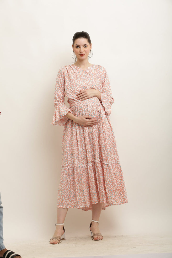 Chic Salmon Bloom Maternity Layered Knot Dress MOMZJOY.COM