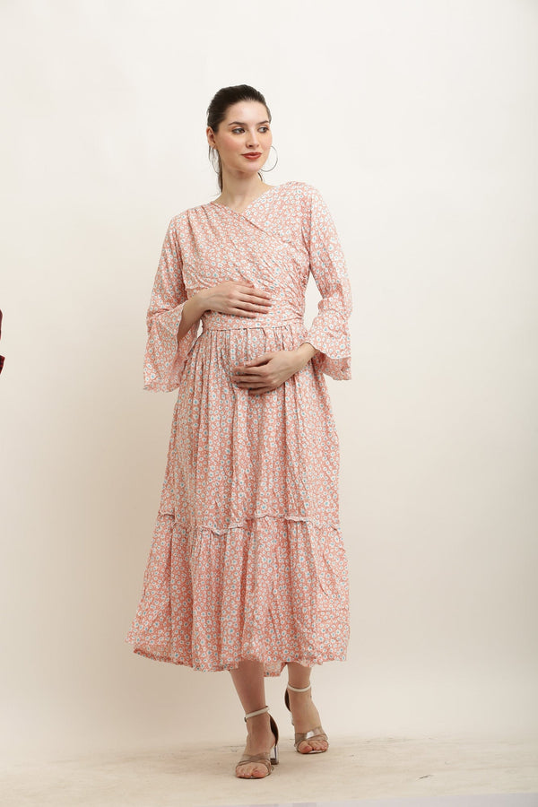 Chic Salmon Bloom Maternity Layered Knot Dress MOMZJOY.COM