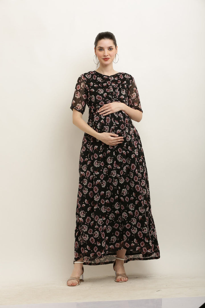 Royal Charcoal Blooming Maternity Knot Dress MOMZJOY.COM