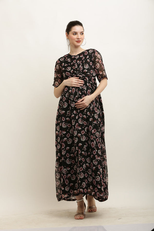 Royal Charcoal Blooming Maternity Knot Dress MOMZJOY.COM