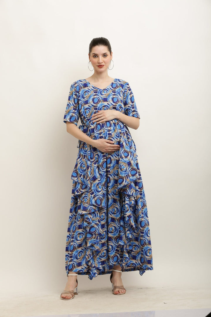 Blue Monochrome Spiral Maternity Flow Dress momzjoy.com