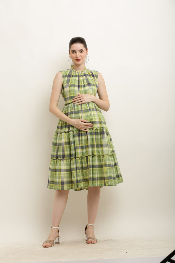 Paradise Olive Green Maternity & Nursing Concealed Zips Frill Dress momzjoy.com