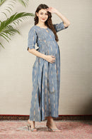 Graceful Ikat Slate Side Slit Long Maternity & Nursing Dress MOMZJOY.COM