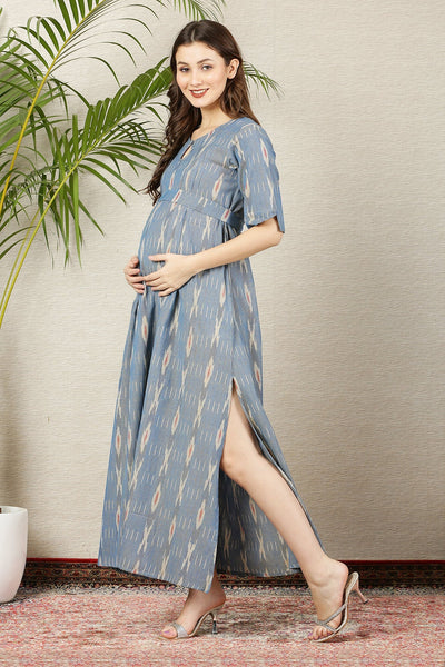 Graceful Ikat Slate Side Slit Long Maternity & Nursing Dress MOMZJOY.COM