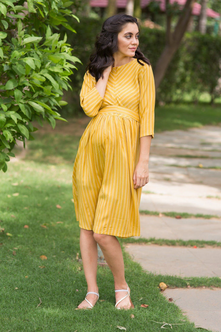 Mustard Striped Maternity & Nursing Swing Dress - MOMZJOY.COM