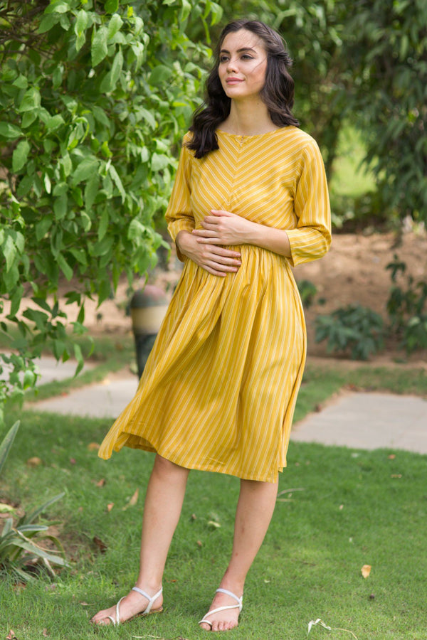 Mustard Striped Maternity & Nursing Swing Dress - MOMZJOY.COM