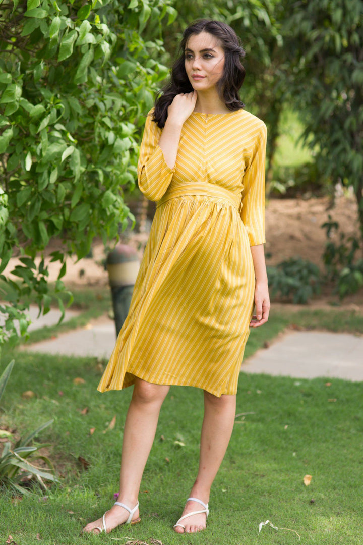 Mustard Striped Maternity & Nursing Swing Dress - MOMZJOY.COM