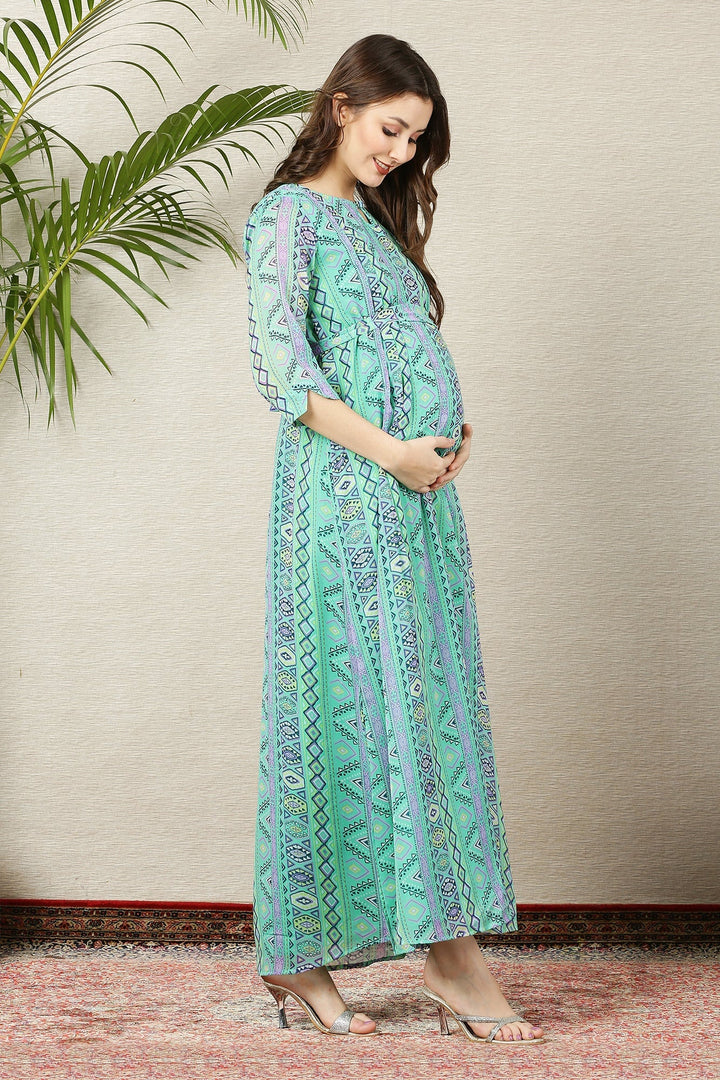 Apple Green Floral Side Slit Maternity & Nursing Dress MOMZJOY.COM