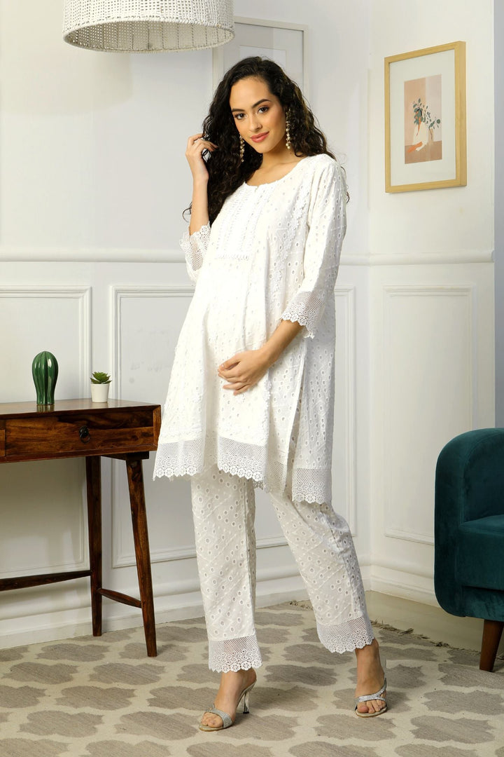 Premium Snow White Short Maternity & Nursing Kurta With Lace + Bump Band Bottom (2 Pc) (100% Cotton) momzjoy.com