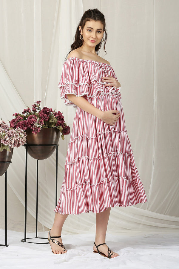 Pretty Red Striped Maternity Layered Frill Dress MOMZJOY.COM