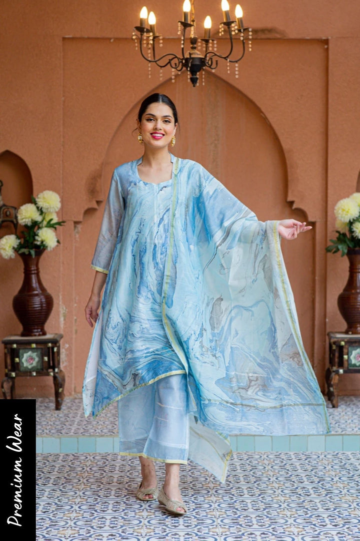 Premium Luxe Arctic Blue Chanderi Maternity & Nursing Kurta + Bump Band Bottom + Dupatta (3 pc) momzjoy.com