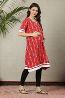 Poppy Red Ikat Maternity & Nursing Kurta (100% Cotton) MOMZJOY.COM