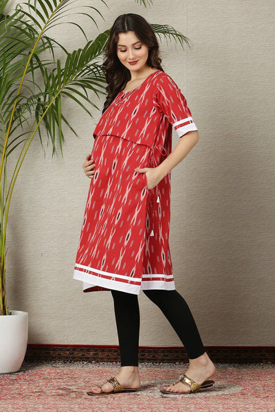Poppy Red Ikat Maternity & Nursing Kurta (100% Cotton) MOMZJOY.COM