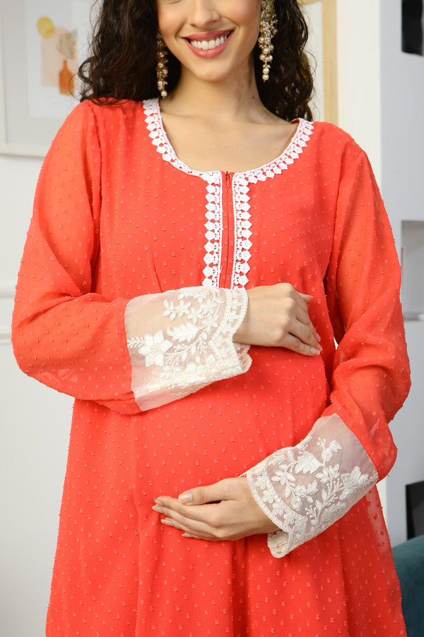Premium Red Rose Maternity & Nursing Kurta With Lace + Bump Band Bottom + Dupatta (3 pc) momzjoy.com