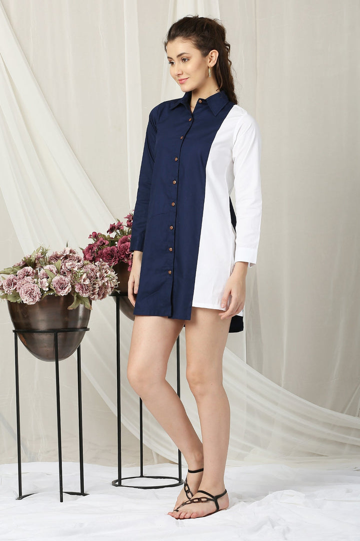 Women Classic Navy Blue - White Shirt Dress (100% Cotton) momzjoy.com