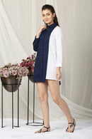 Women Classic Navy Blue - White Shirt Dress (100% Cotton) momzjoy.com