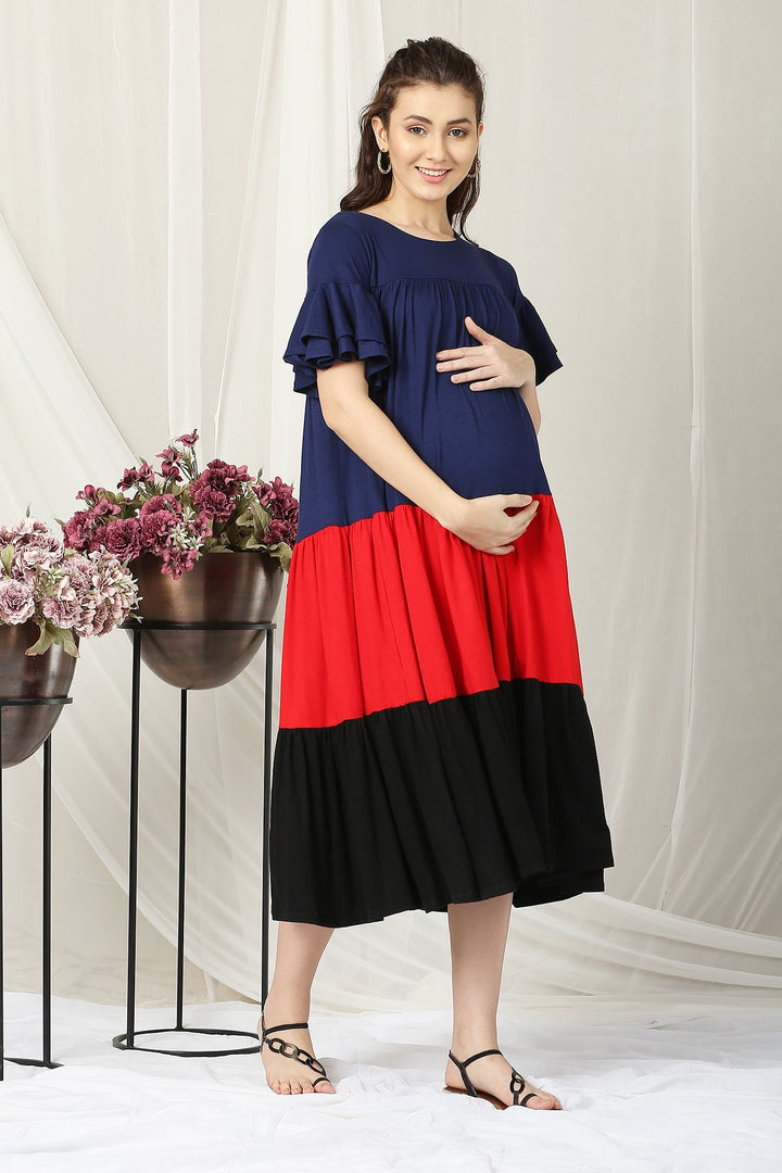 Charming Easy Breezy Blue & Red Layered Maternity Dress MOMZJOY.COM