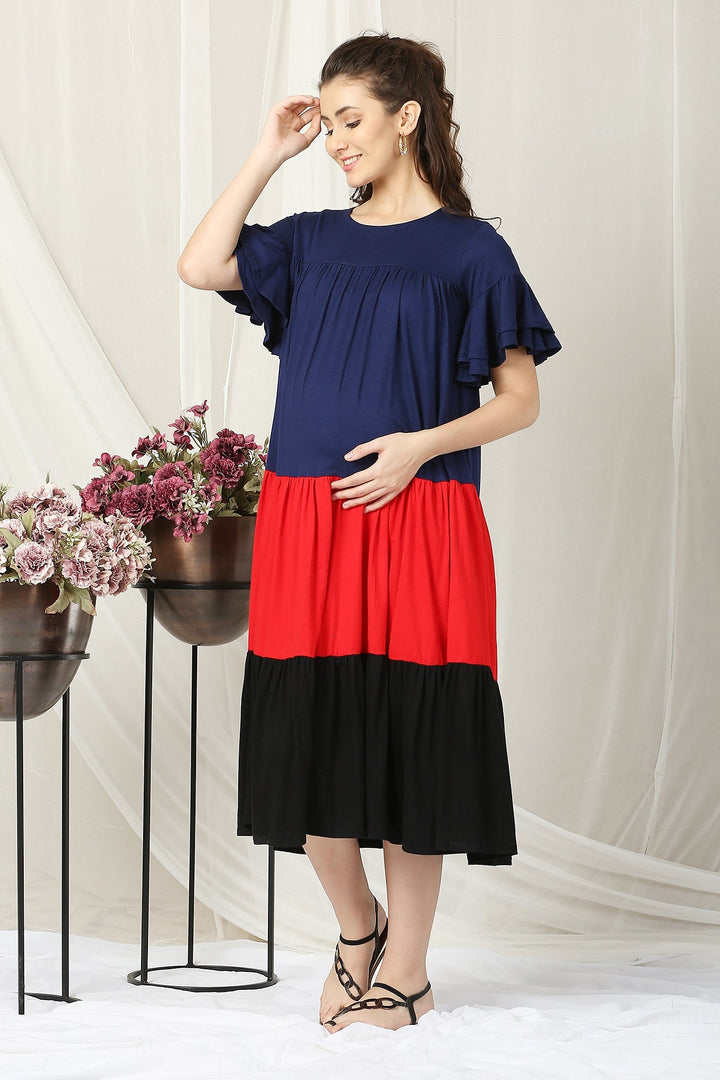 Charming Easy Breezy Blue & Red Layered Maternity Dress MOMZJOY.COM