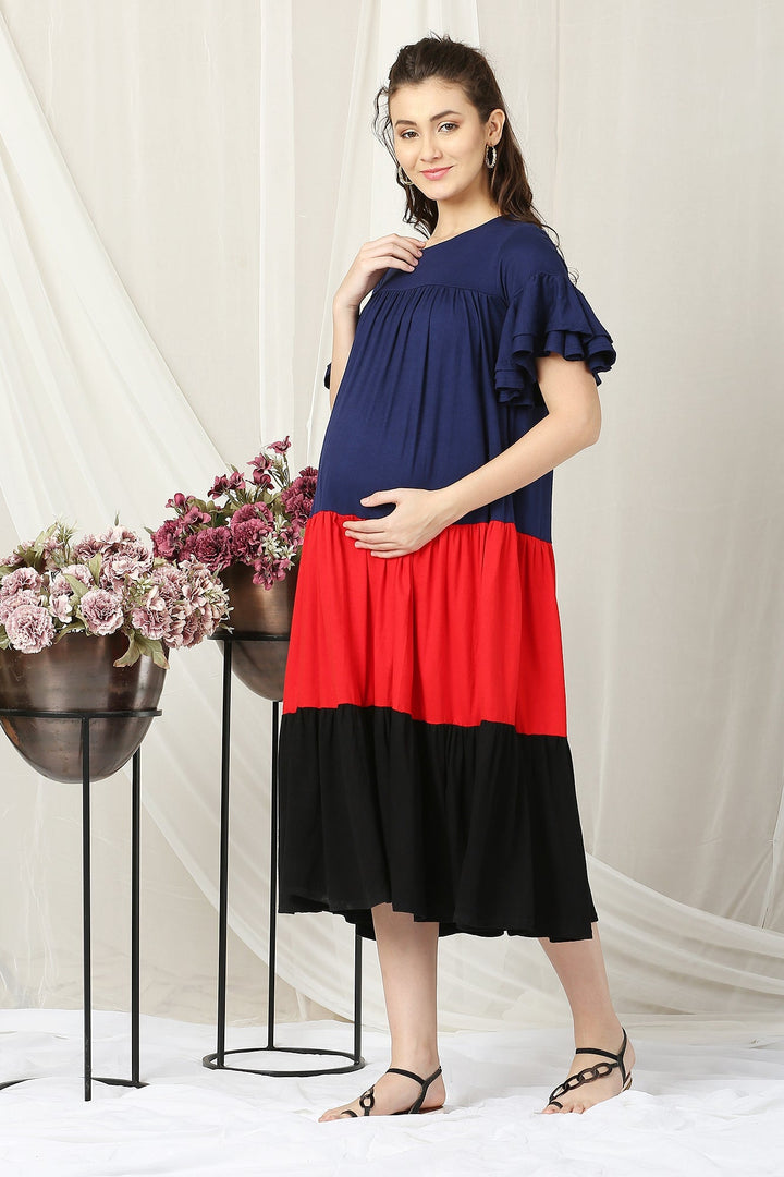 Charming Easy Breezy Blue & Red Layered Maternity Dress MOMZJOY.COM