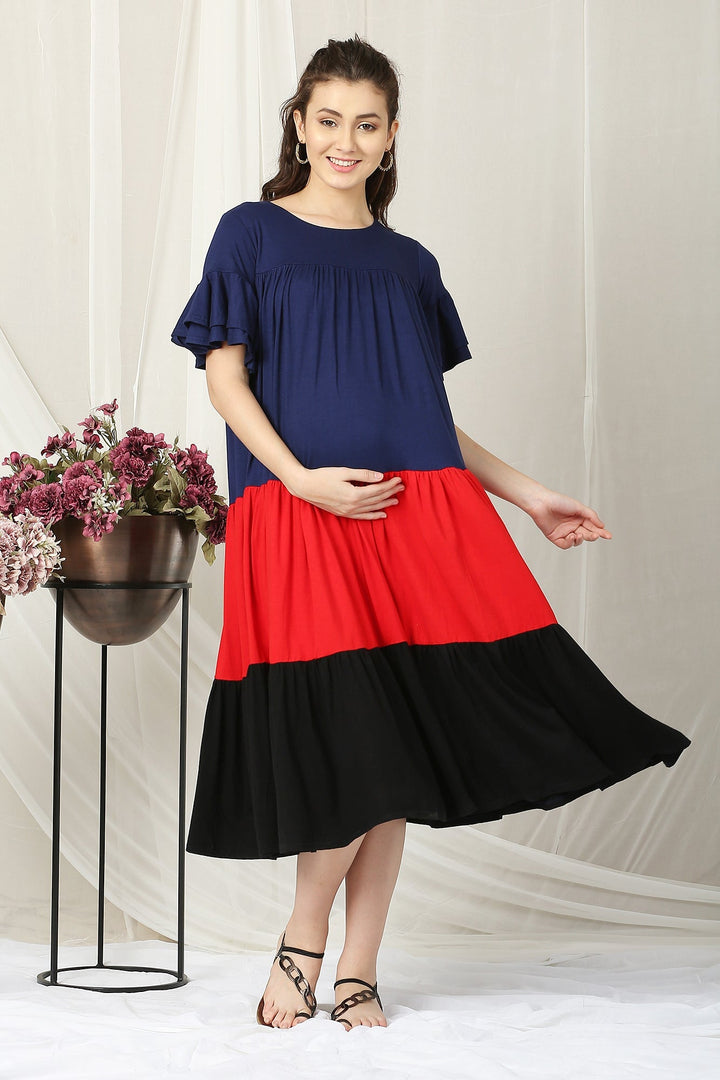 Charming Easy Breezy Blue & Red Layered Maternity Dress MOMZJOY.COM