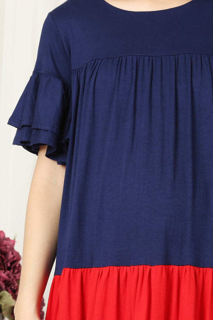 Charming Easy Breezy Blue & Red Layered Maternity Dress MOMZJOY.COM