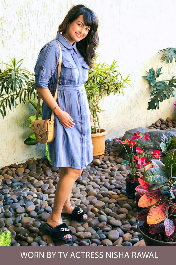 Denim Stripe Versatile Maternity & Nursing Shirt Dress - MOMZJOY.COM