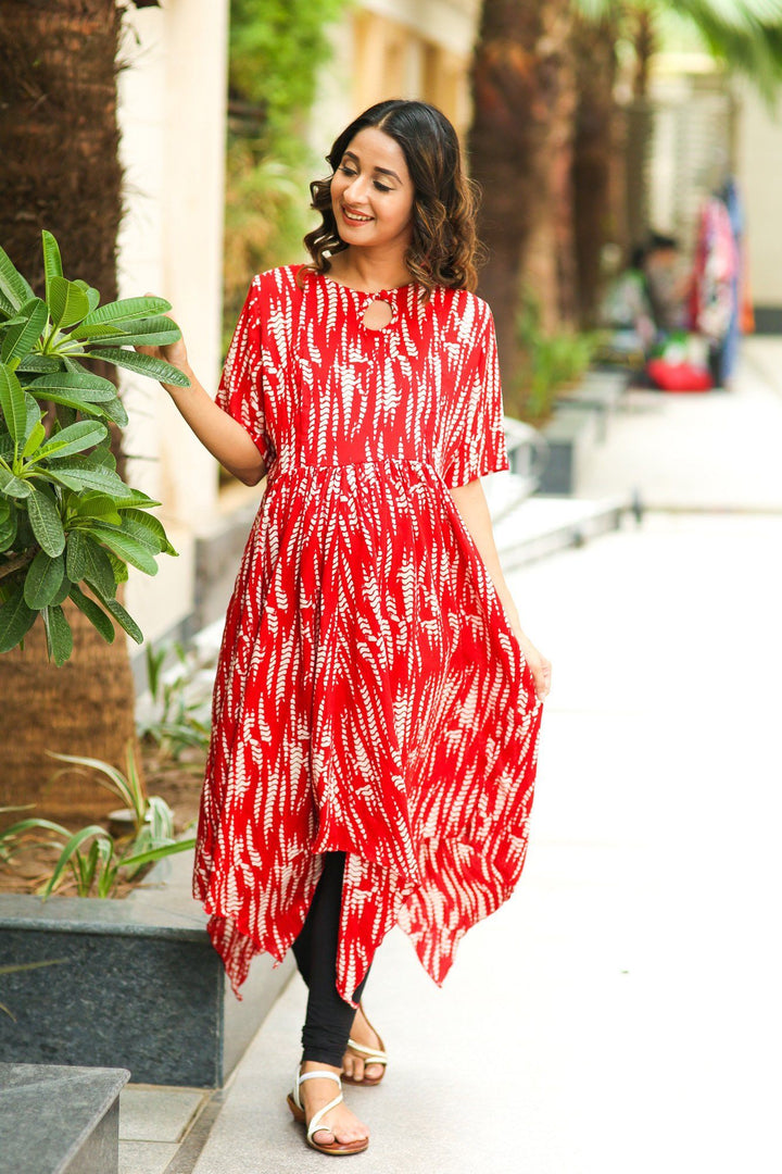 Candy Red Asymmetrical Maternity & Nursing Kurta - MOMZJOY.COM