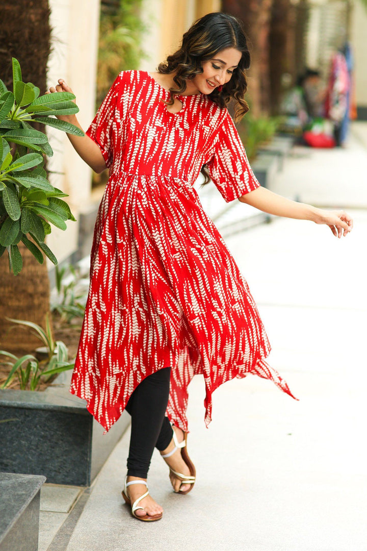 Candy Red Asymmetrical Maternity & Nursing Kurta - MOMZJOY.COM