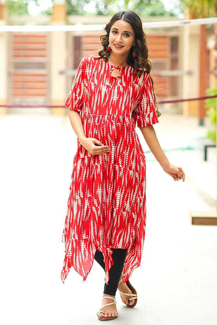 Candy Red Asymmetrical Maternity & Nursing Kurta - MOMZJOY.COM