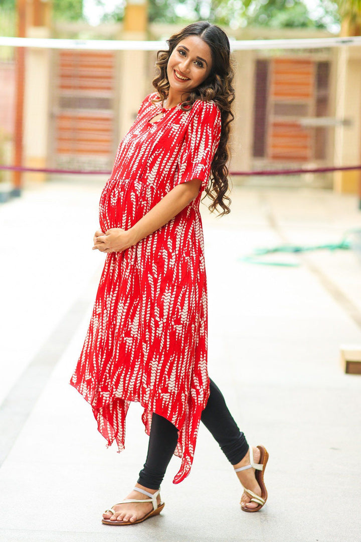 Candy Red Asymmetrical Maternity & Nursing Kurta - MOMZJOY.COM