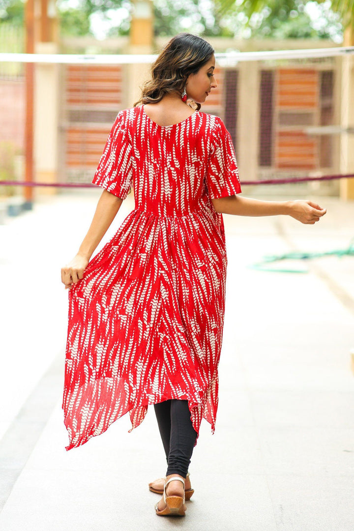 Candy Red Asymmetrical Maternity & Nursing Kurta - MOMZJOY.COM