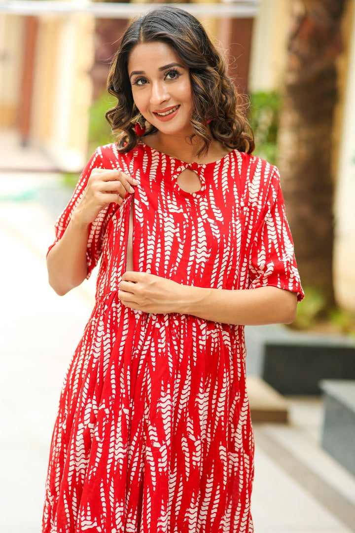 Candy Red Asymmetrical Maternity & Nursing Kurta - MOMZJOY.COM