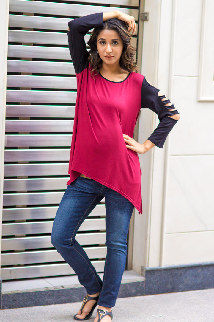 Burgandy Razor Cut Cold Shoulder Maternity Top - MOMZJOY.COM