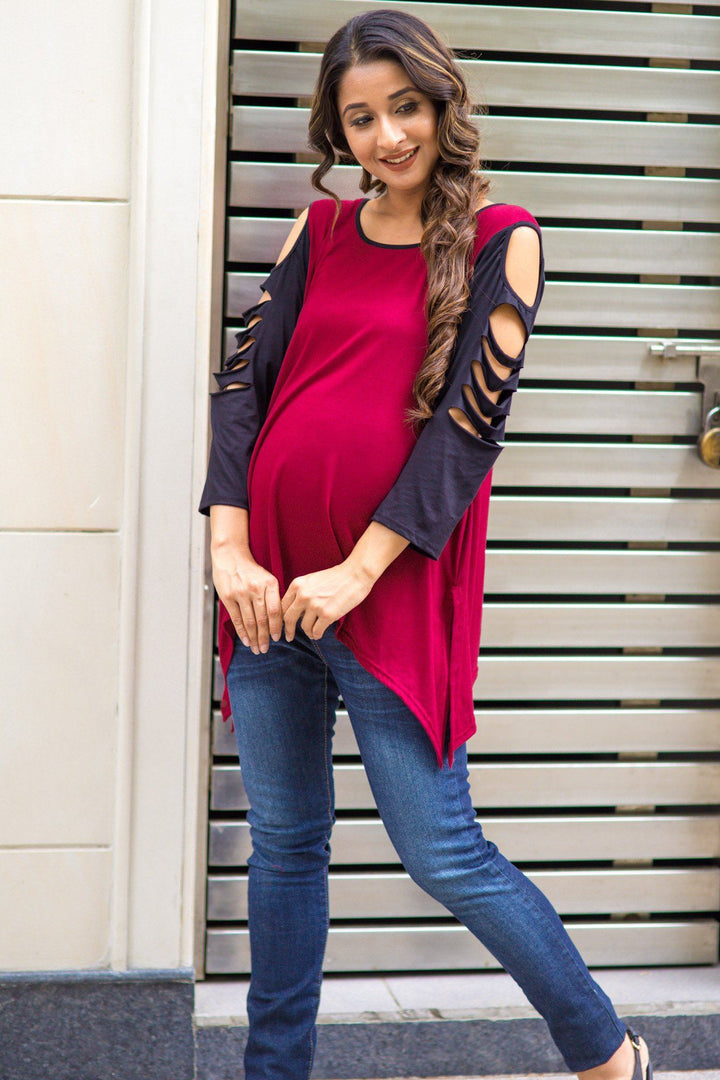 Burgandy Razor Cut Cold Shoulder Maternity Top - MOMZJOY.COM