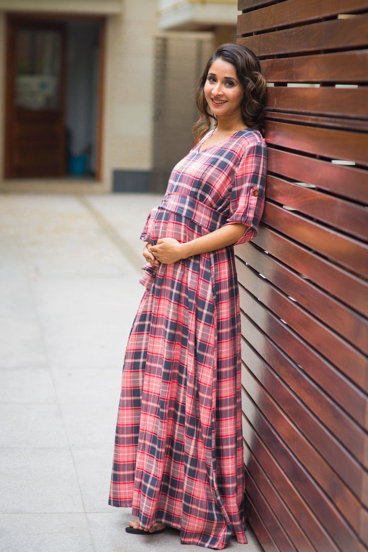 Rouge Pink Plaid Maternity & Nursing Maxi Dress - MOMZJOY.COM