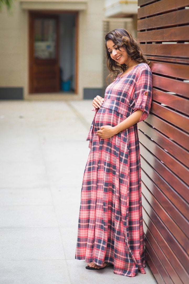 Rouge Pink Plaid Maternity & Nursing Maxi Dress - MOMZJOY.COM