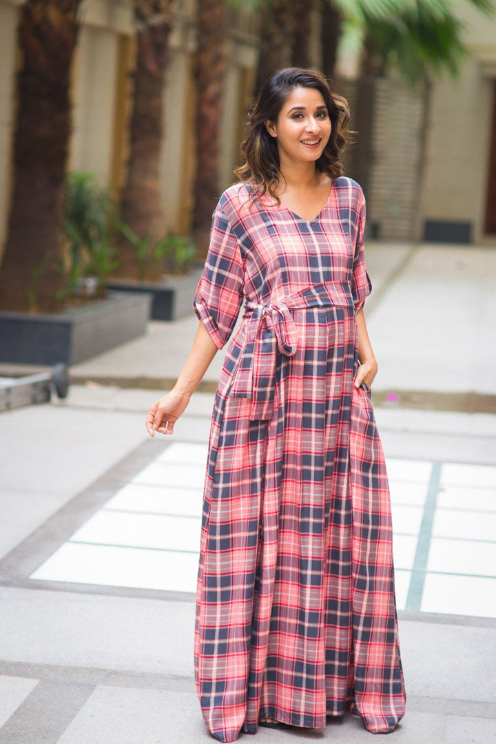 Rouge Pink Plaid Maternity & Nursing Maxi Dress - MOMZJOY.COM