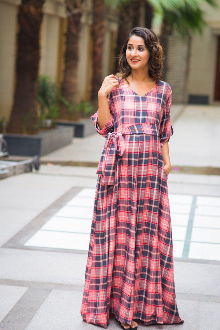 Rouge Pink Plaid Maternity & Nursing Maxi Dress - MOMZJOY.COM