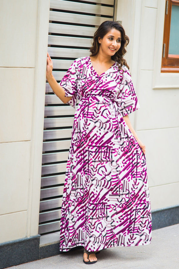 Purple Abstract Maternity Kimono Dress MOMZJOY.COM