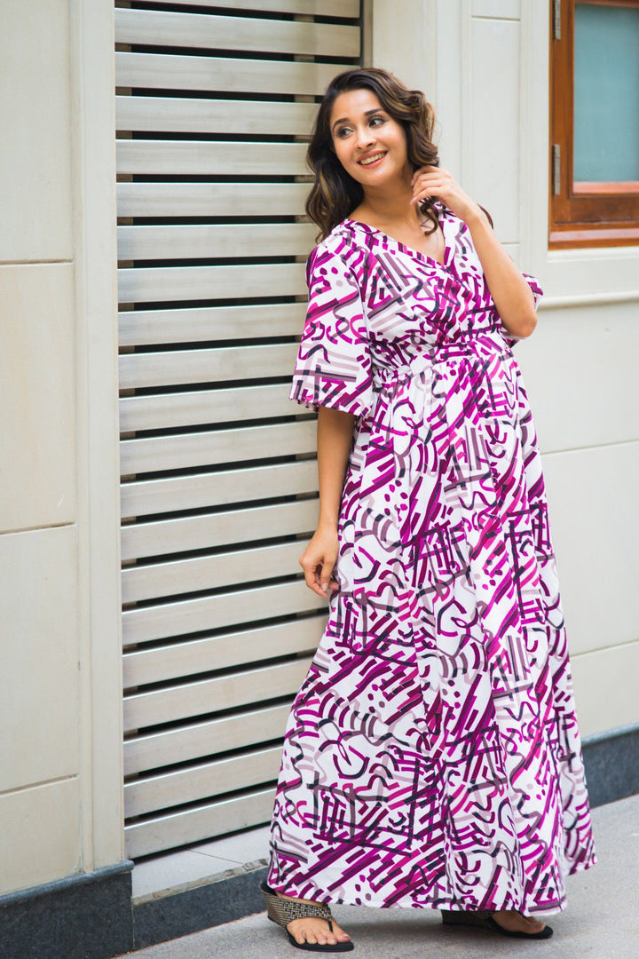 Purple Abstract Maternity Kimono Dress MOMZJOY.COM