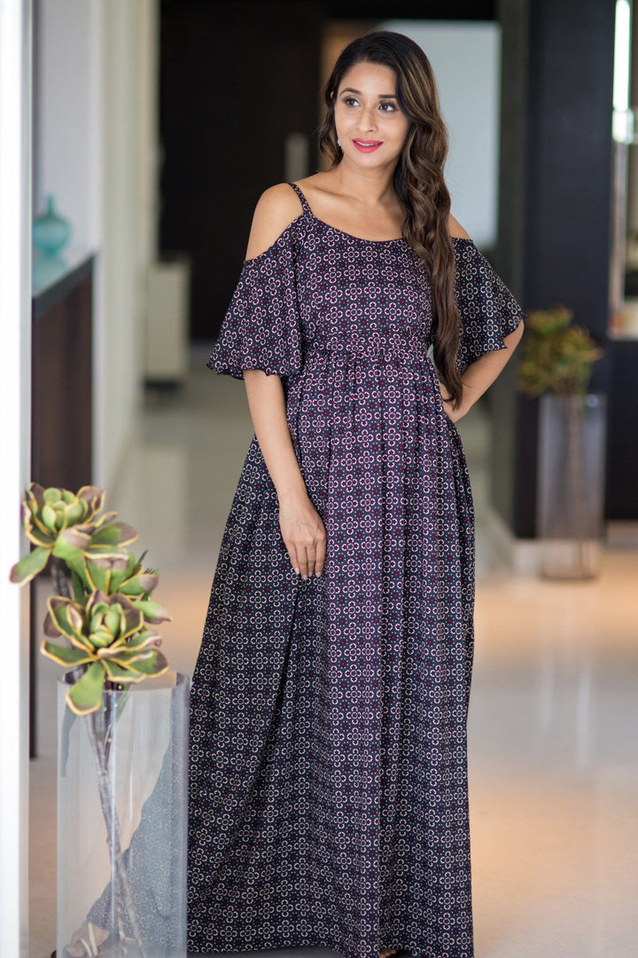 Crystal Noir Cold Shoulder Maternity Maxi Dress - MOMZJOY.COM