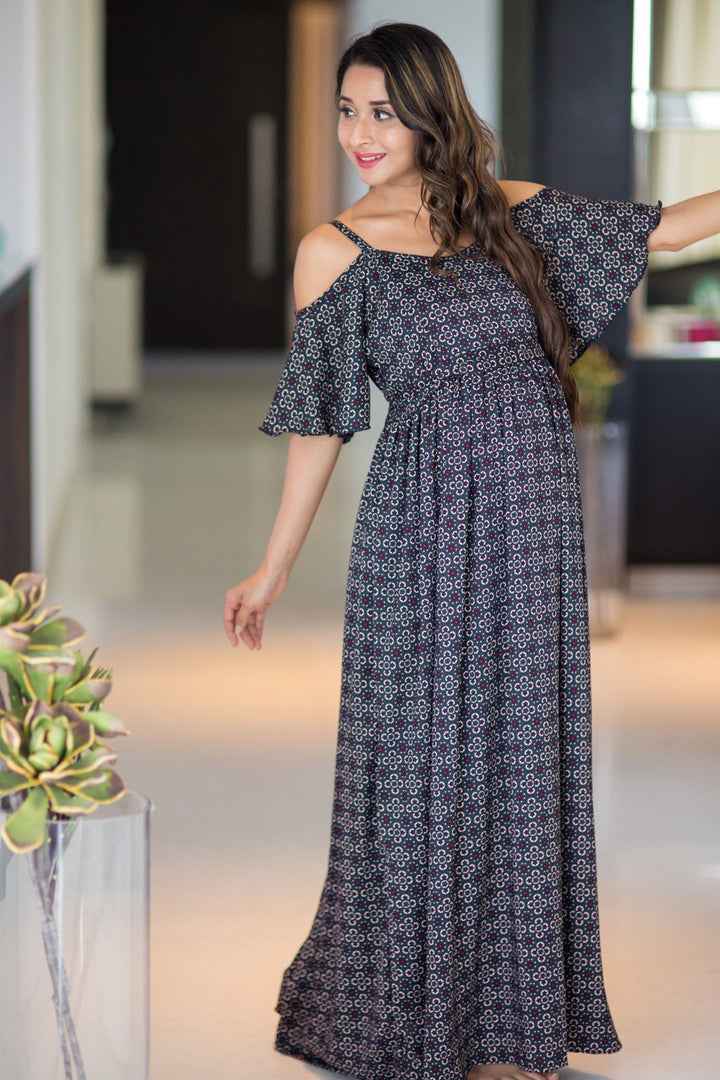 Crystal Noir Cold Shoulder Maternity Maxi Dress - MOMZJOY.COM