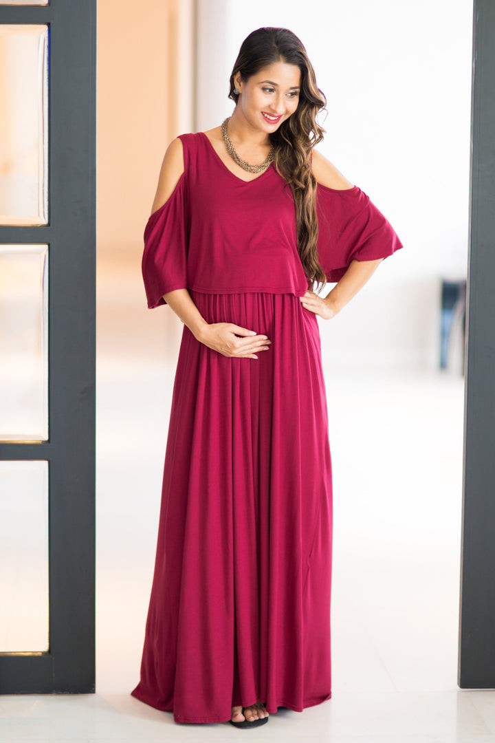 Burgandy Cold Shoulder Maternity & Nursing Maxi Dress MOMZJOY.COM