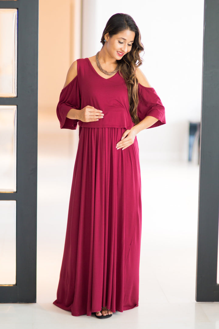 Burgandy Cold Shoulder Maternity & Nursing Maxi Dress MOMZJOY.COM