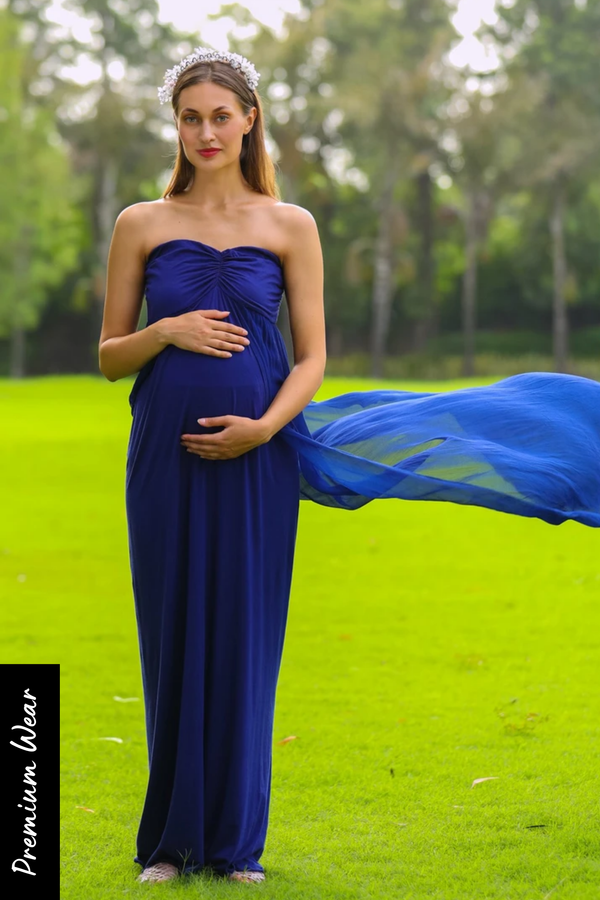 Luxe Royal Blue Off-Shoulder Trail Maternity Photoshoot Gown MOMZJOY.COM