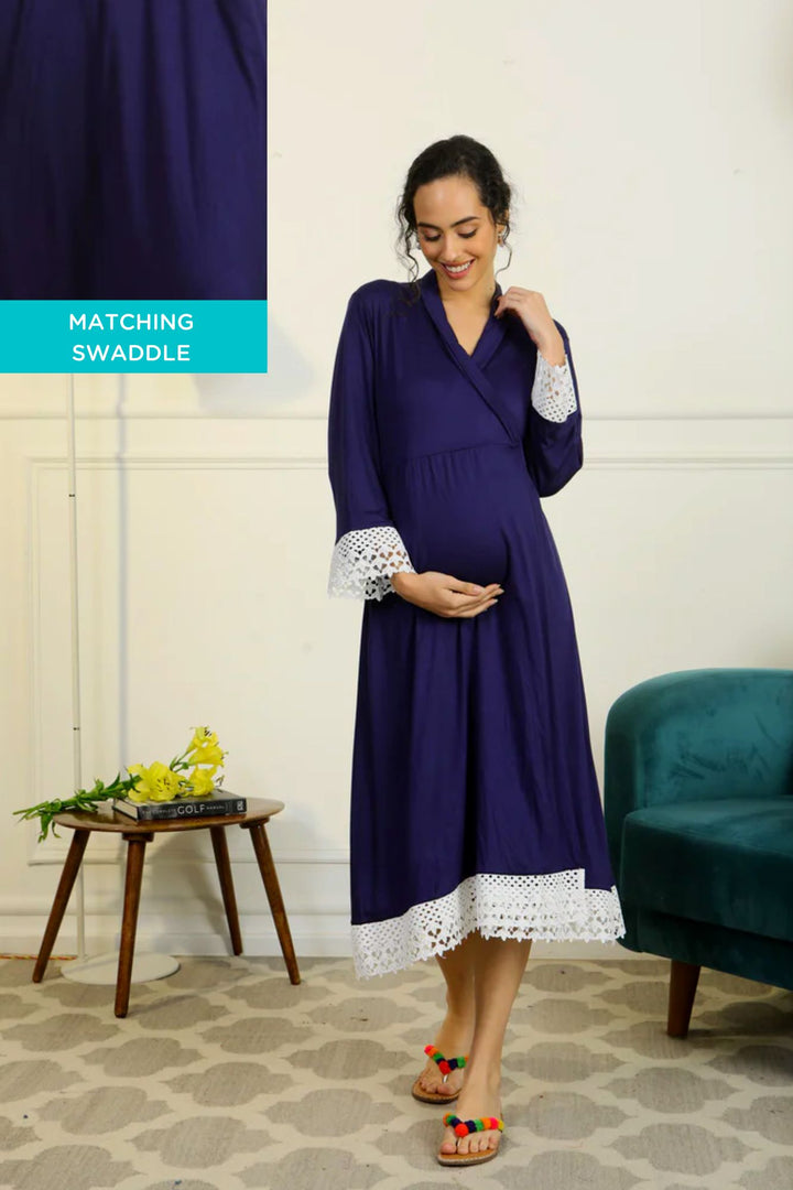 Paradise Indigo Blue Lycra Maternity & Nursing Wrap Nightwear Dress + Matching Baby Swaddle Set Of 2 momzjoy.com